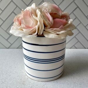 Faux Pink Roses in Blue and White Striped Ceramic Pot Floral Arrangement Decor